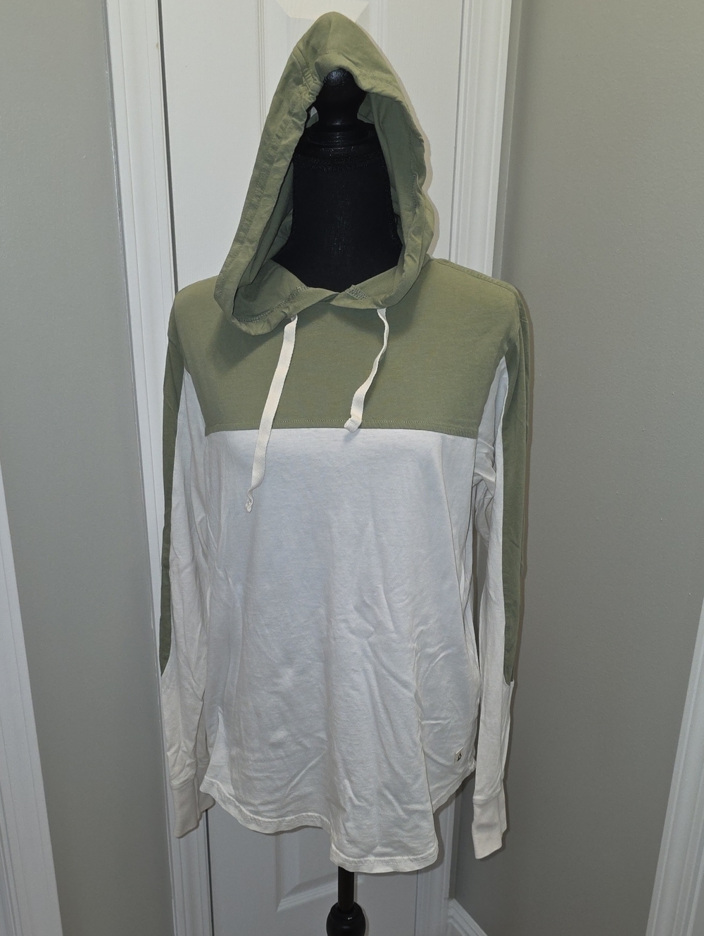 Women's Olive Green and White Hooded Long Sleeve Tee
